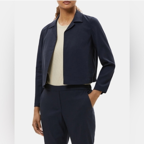 Theory CL Shrunken Jacket Soft Crunch Linen Lyocell Navy Blue Open Front Small - Picture 1 of 11